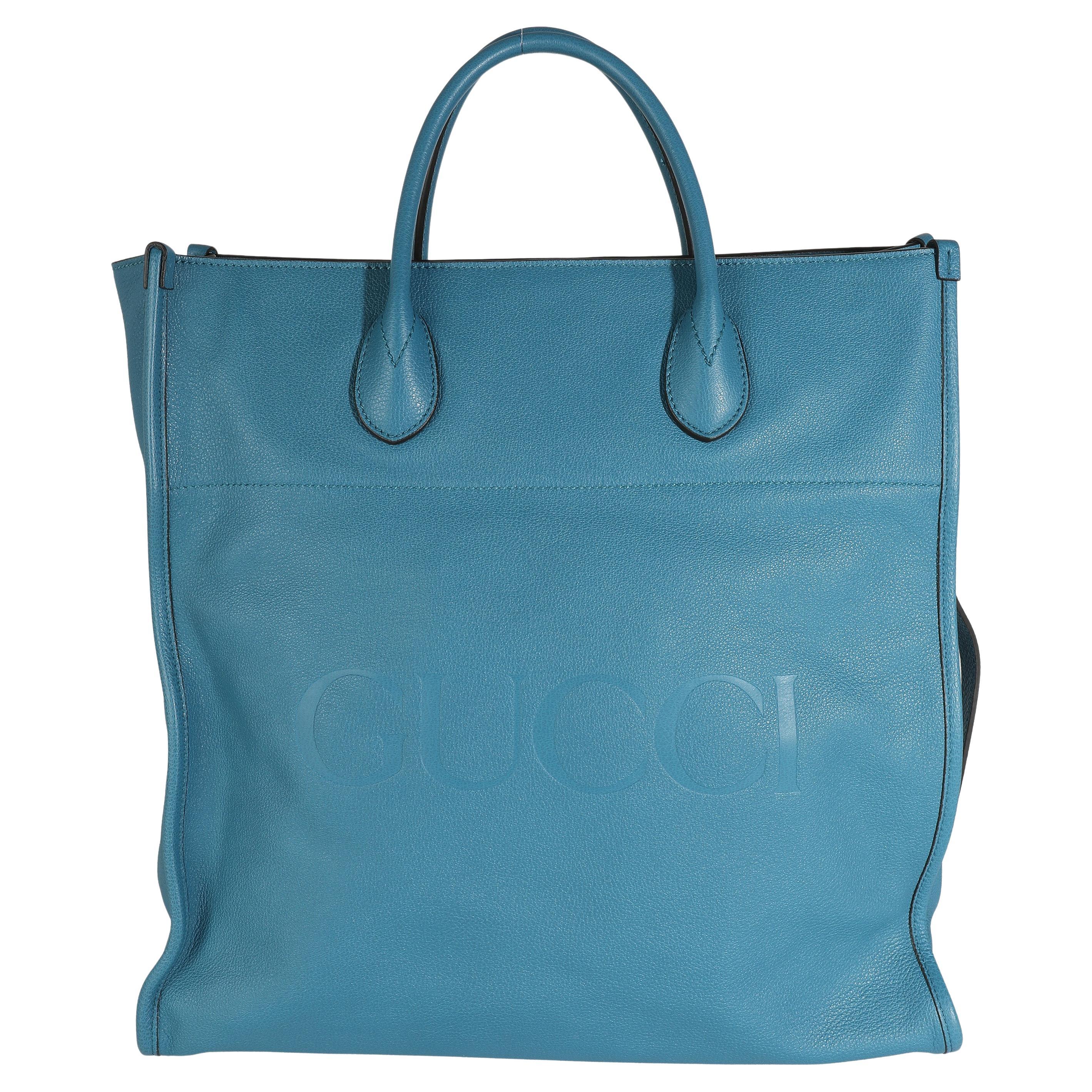 Gucci Blue Leather Logo Embossed Shopper Tote
