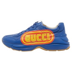Used Gucci Blue Leather Logo Rhyton Low Top Sneakers Size 44