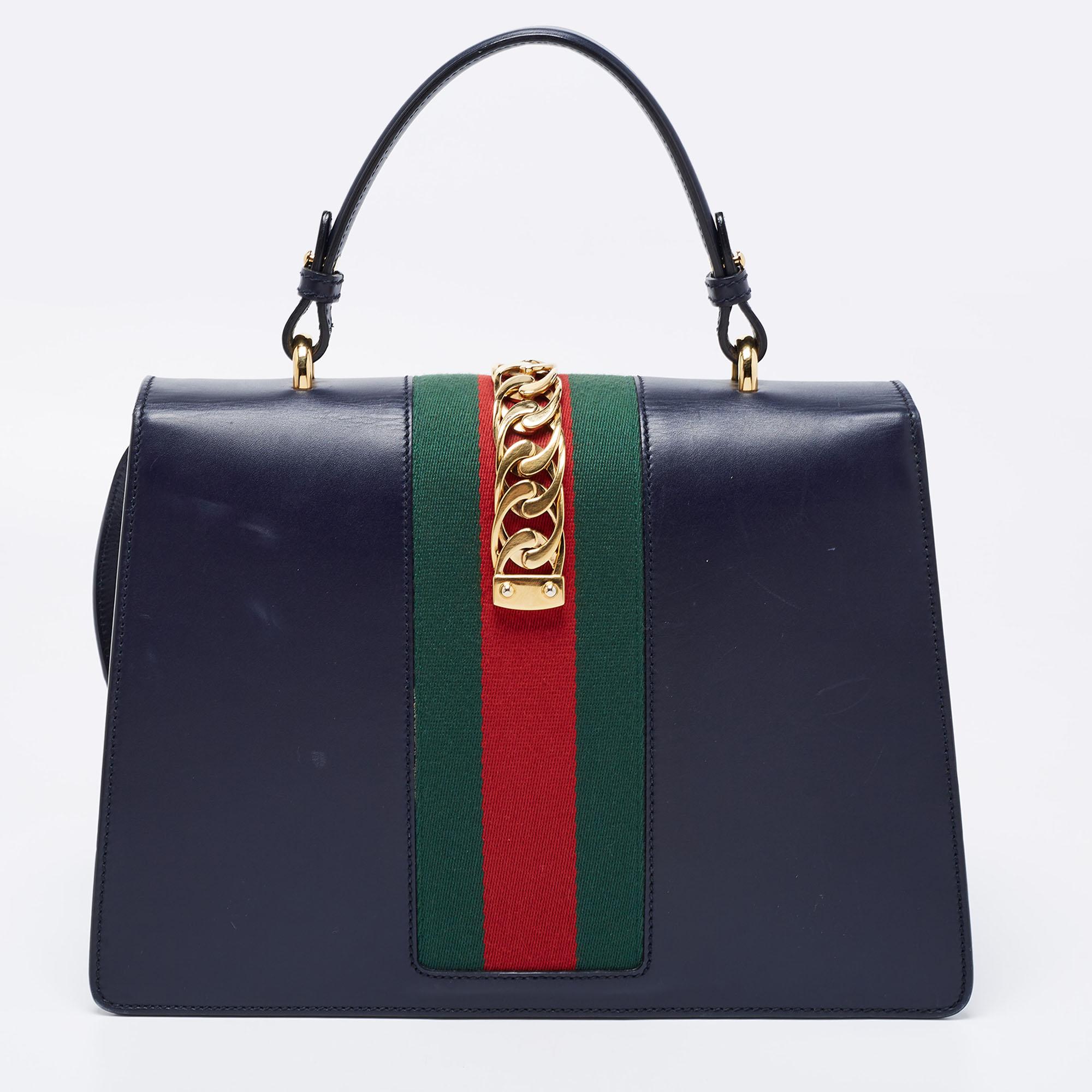 Gucci Blue Leather Medium Sylvie Top Handle Bag 13