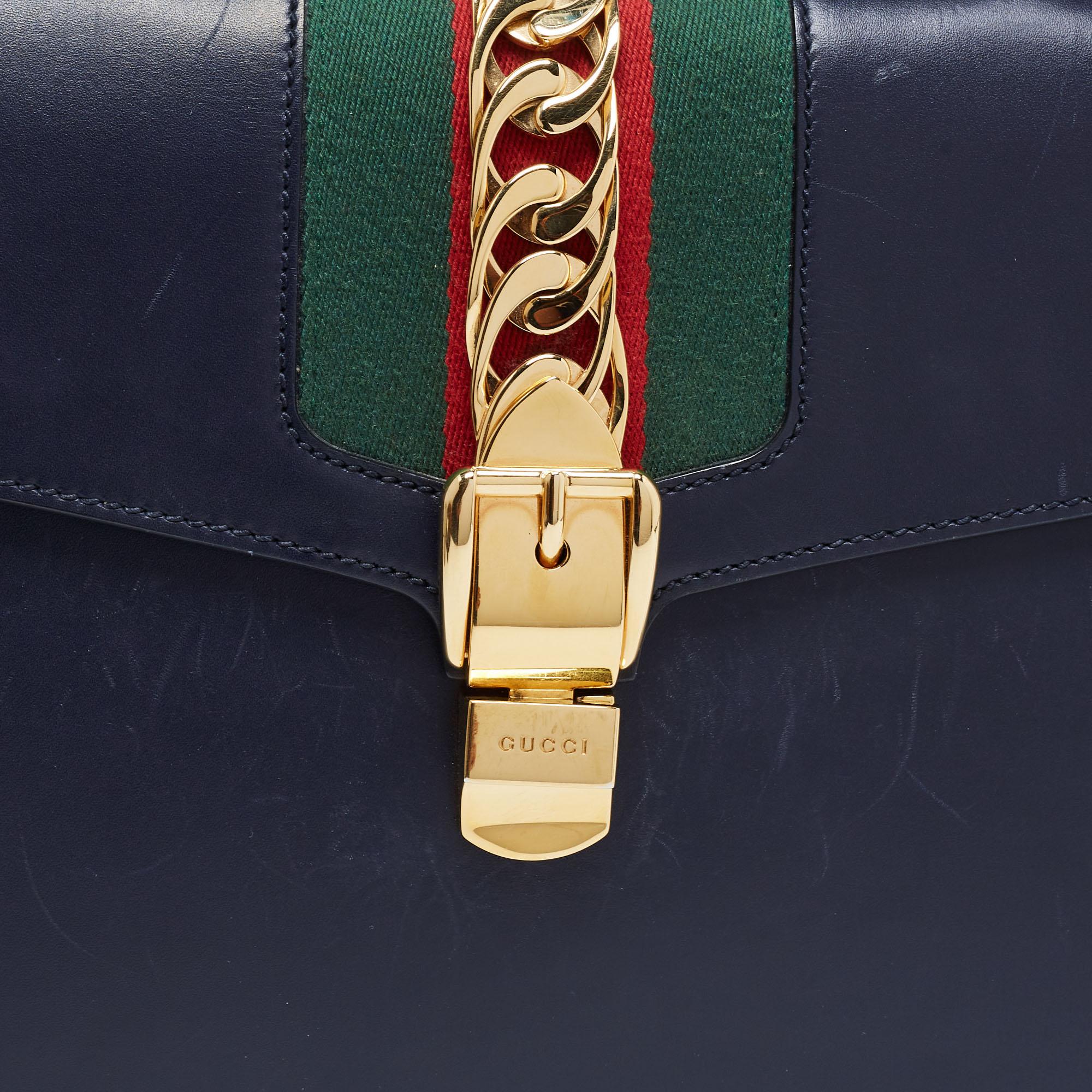 Gucci Blue Leather Medium Sylvie Top Handle Bag 14