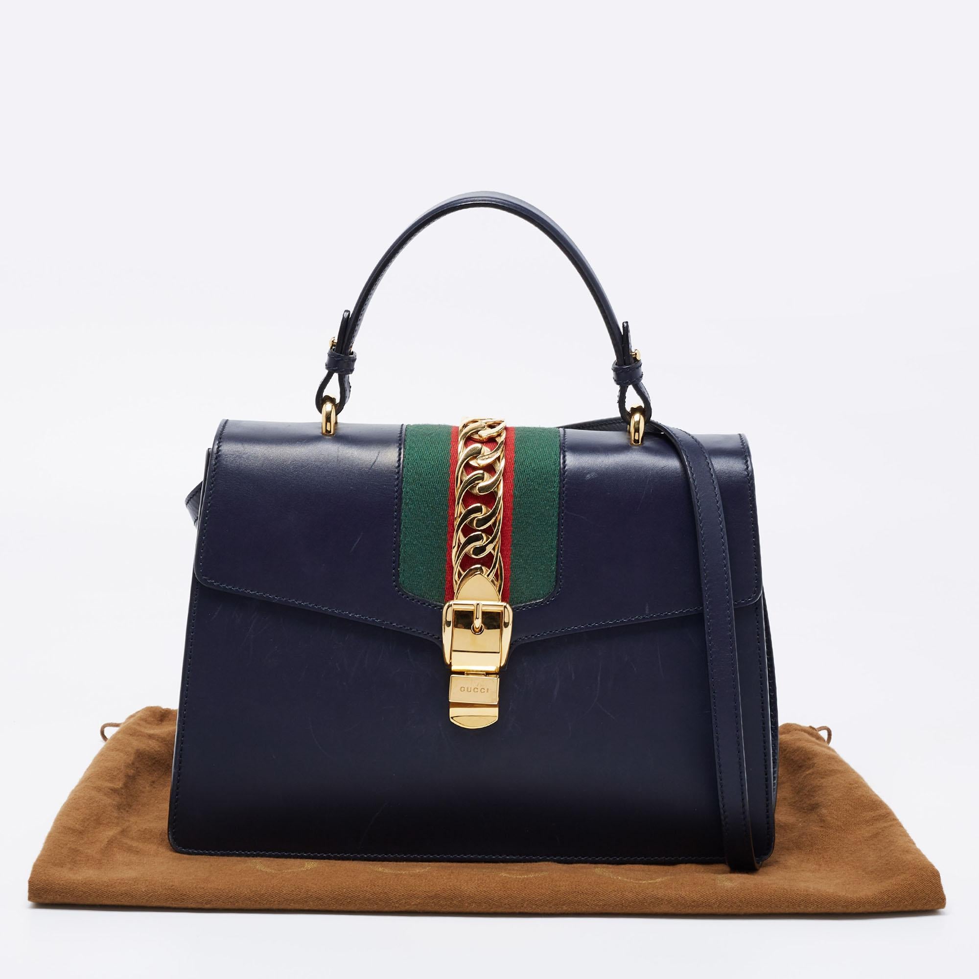Gucci Blue Leather Medium Sylvie Top Handle Bag 16