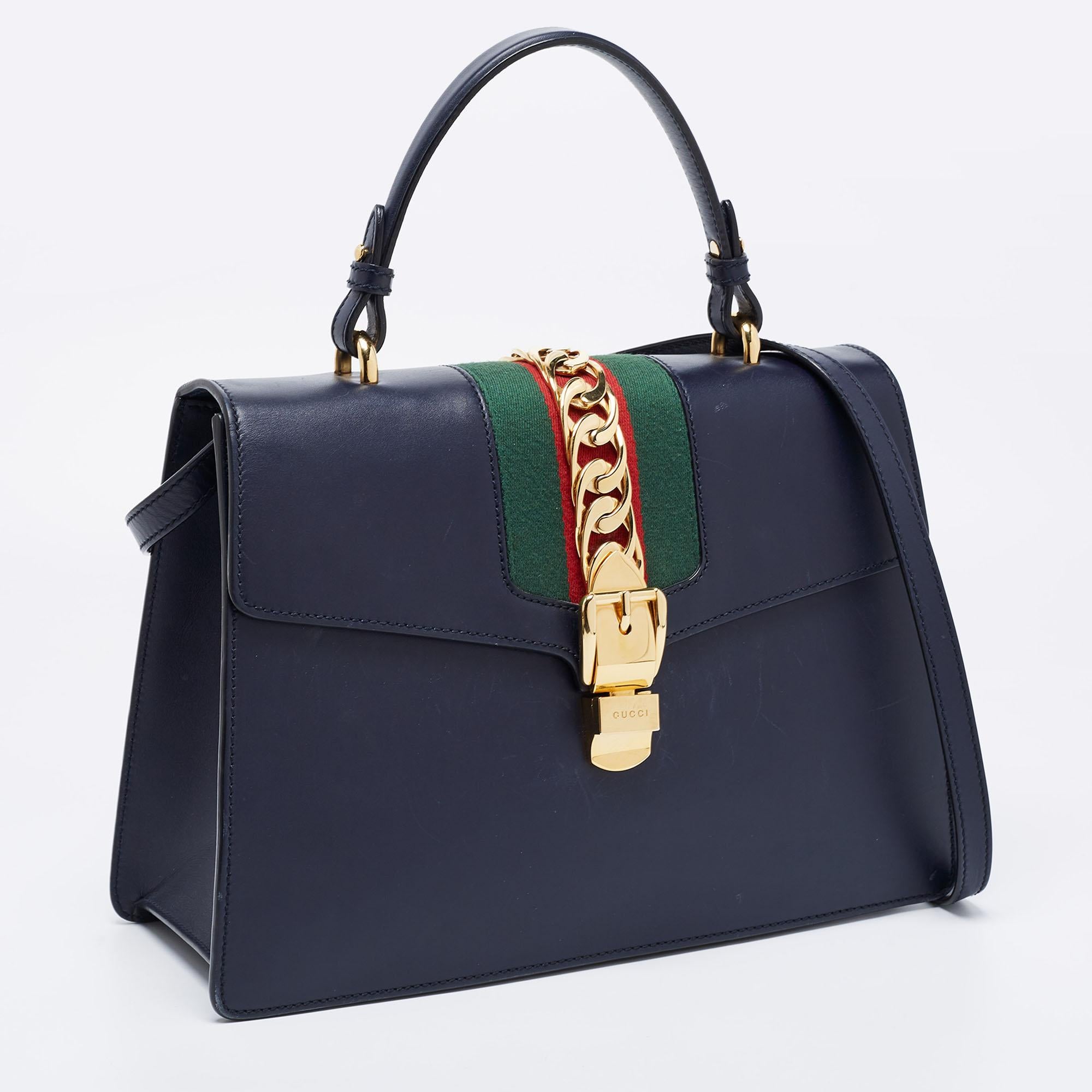 Gucci Blue Leather Medium Sylvie Top Handle Bag In Good Condition In Dubai, Al Qouz 2