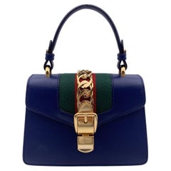 Used Gucci Blue Leather Mini Sylvie Web Bag with 2 Shoulder Straps