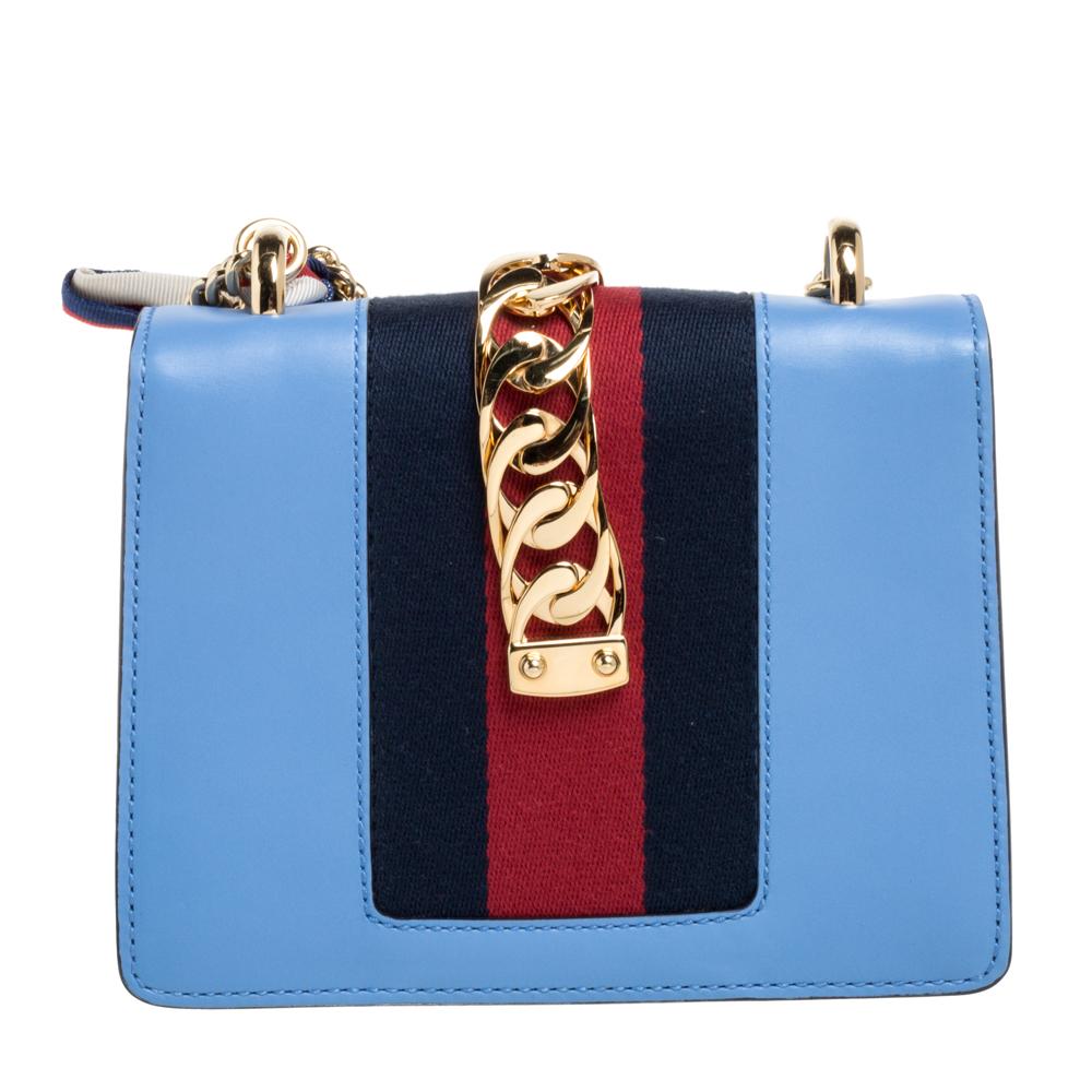 Gray Gucci Blue Leather Mini Web Chain Sylvie Shoulder Bag