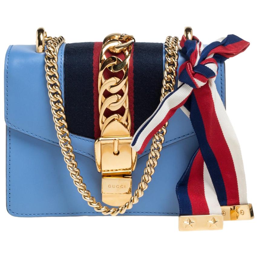 Gucci Blue Leather Mini Web Chain Sylvie Shoulder Bag