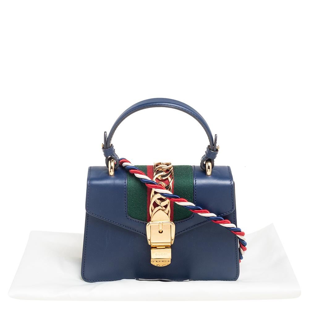 Gucci Blue Leather Mini Web Chain Sylvie Top Handle Bag 7