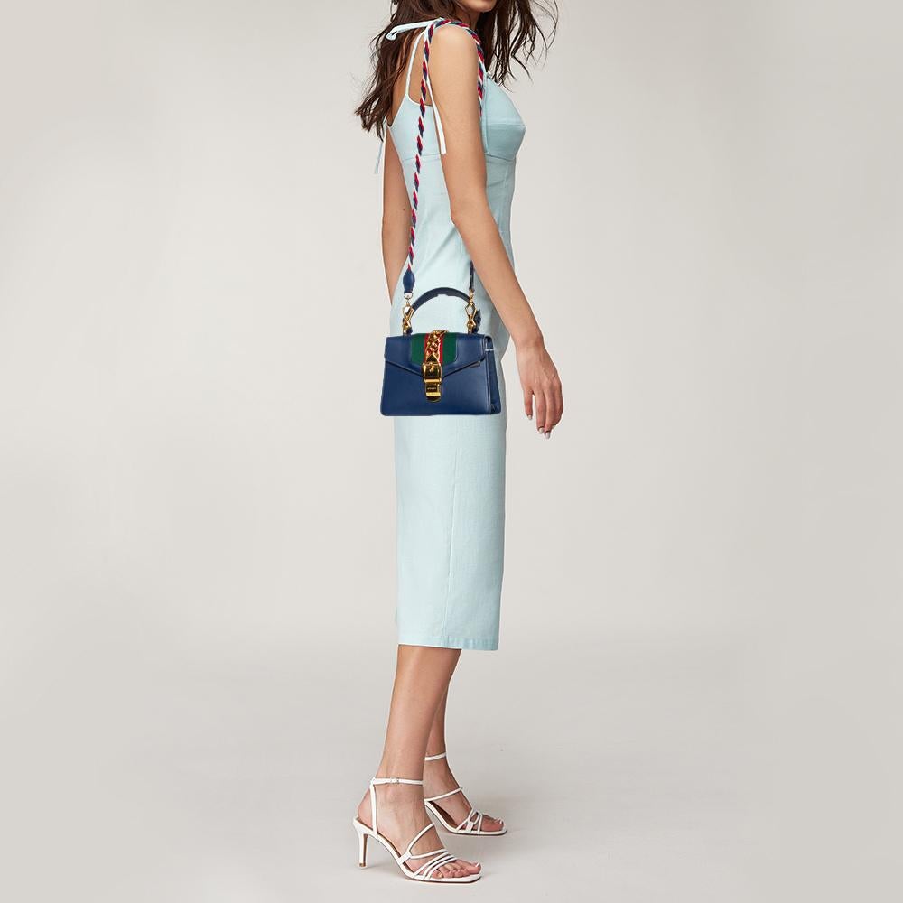 Black Gucci Blue Leather Mini Web Chain Sylvie Top Handle Bag