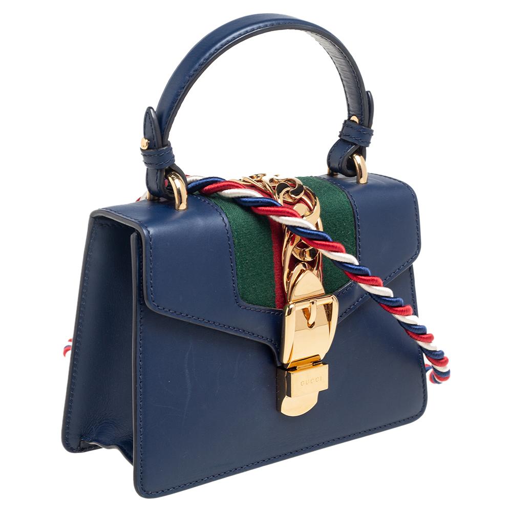 Gucci Blue Leather Mini Web Chain Sylvie Top Handle Bag In Good Condition In Dubai, Al Qouz 2
