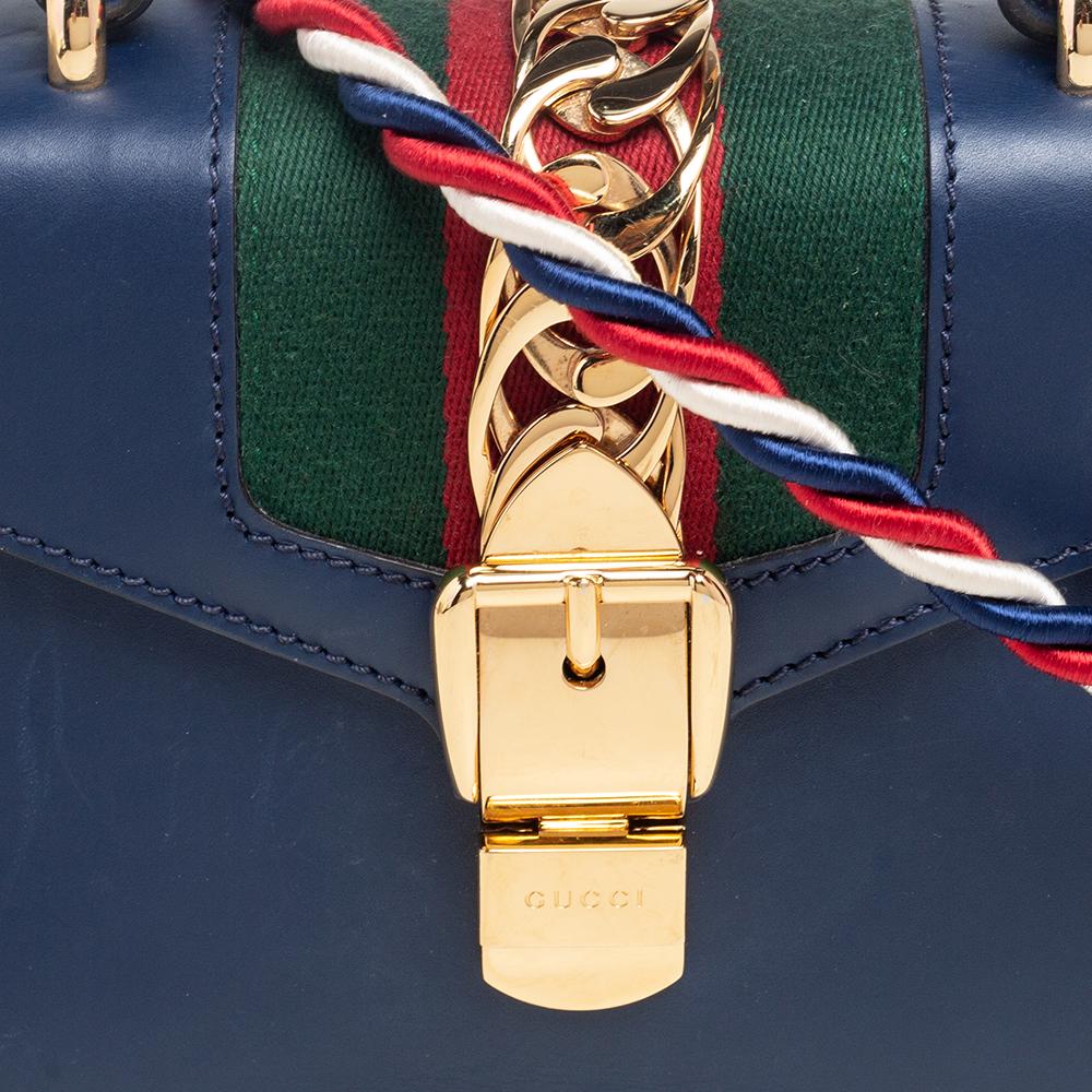 Gucci Blue Leather Mini Web Chain Sylvie Top Handle Bag 3