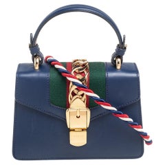 Gucci Blue Leather Mini Web Chain Sylvie Top Handle Bag