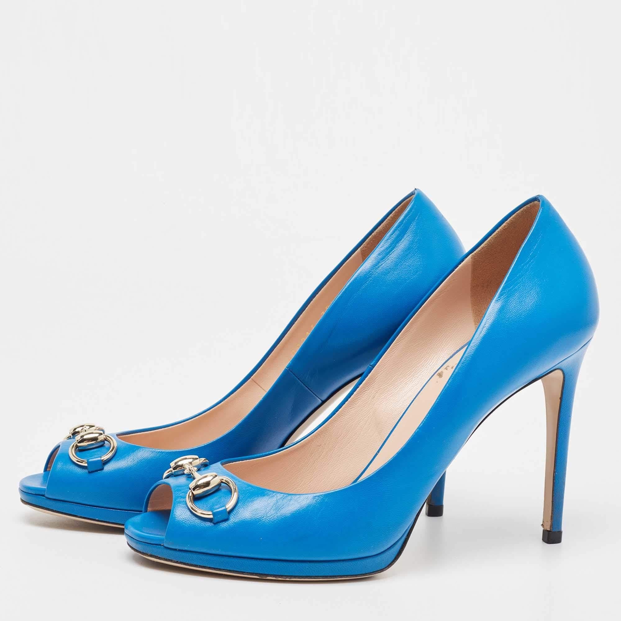 Women's Gucci Blue Leather New Hollywood Platform Pumps Size 38.5 For Sale