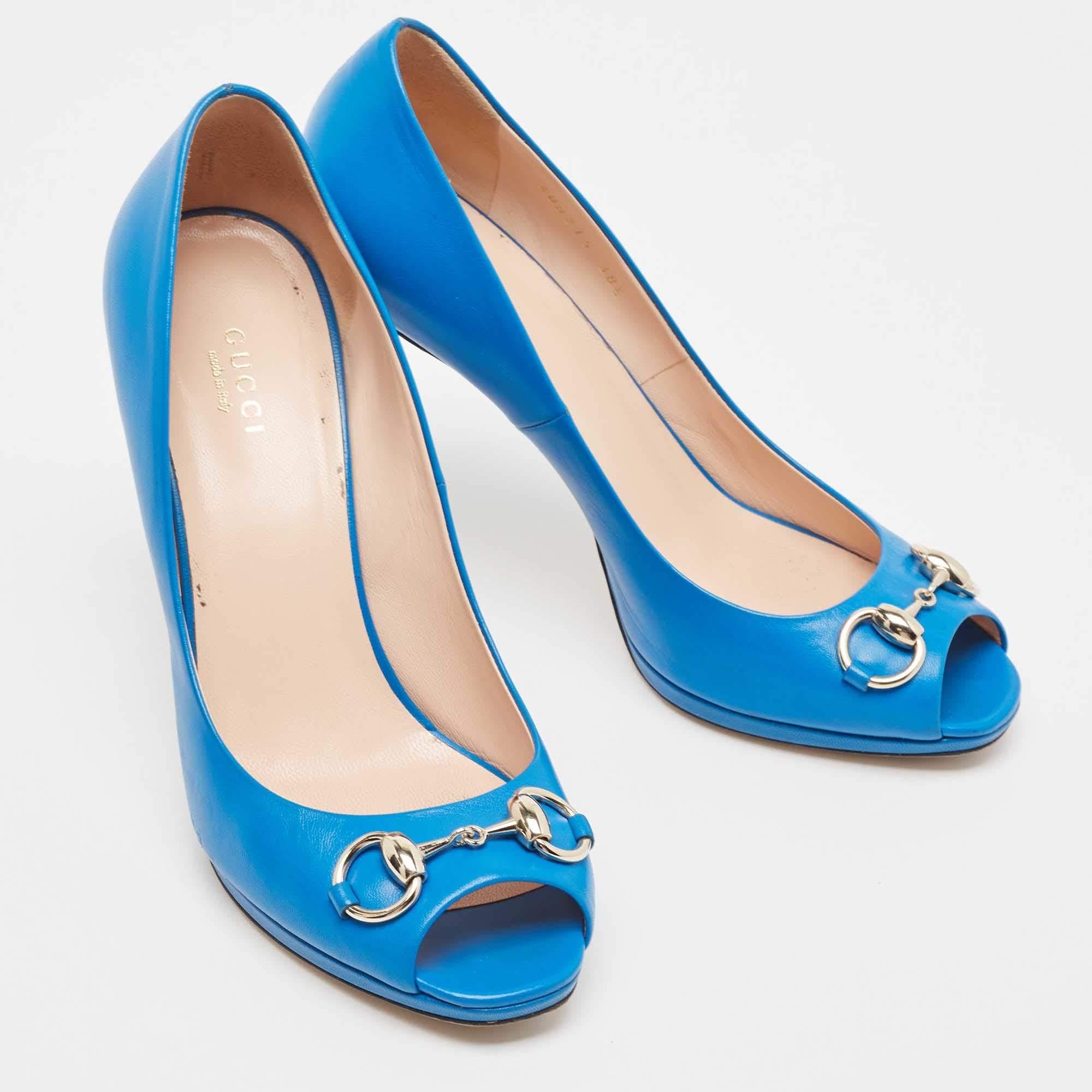 Gucci Blue Leather New Hollywood Platform Pumps Size 38.5 For Sale 1