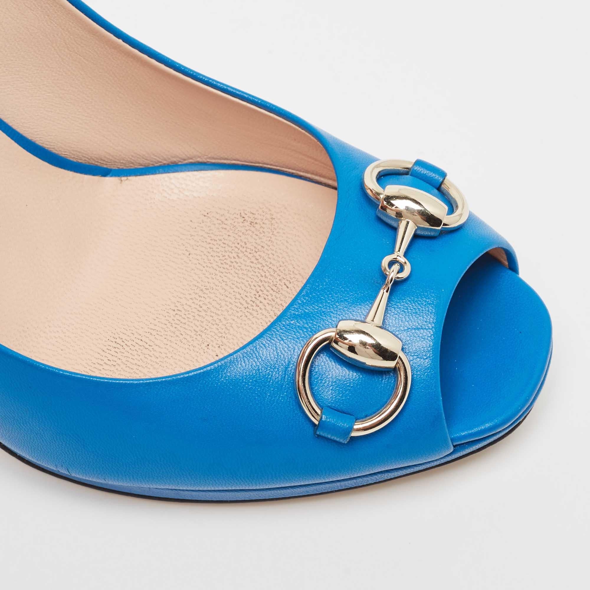 Gucci Blue Leather New Hollywood Platform Pumps Size 38.5 For Sale 2