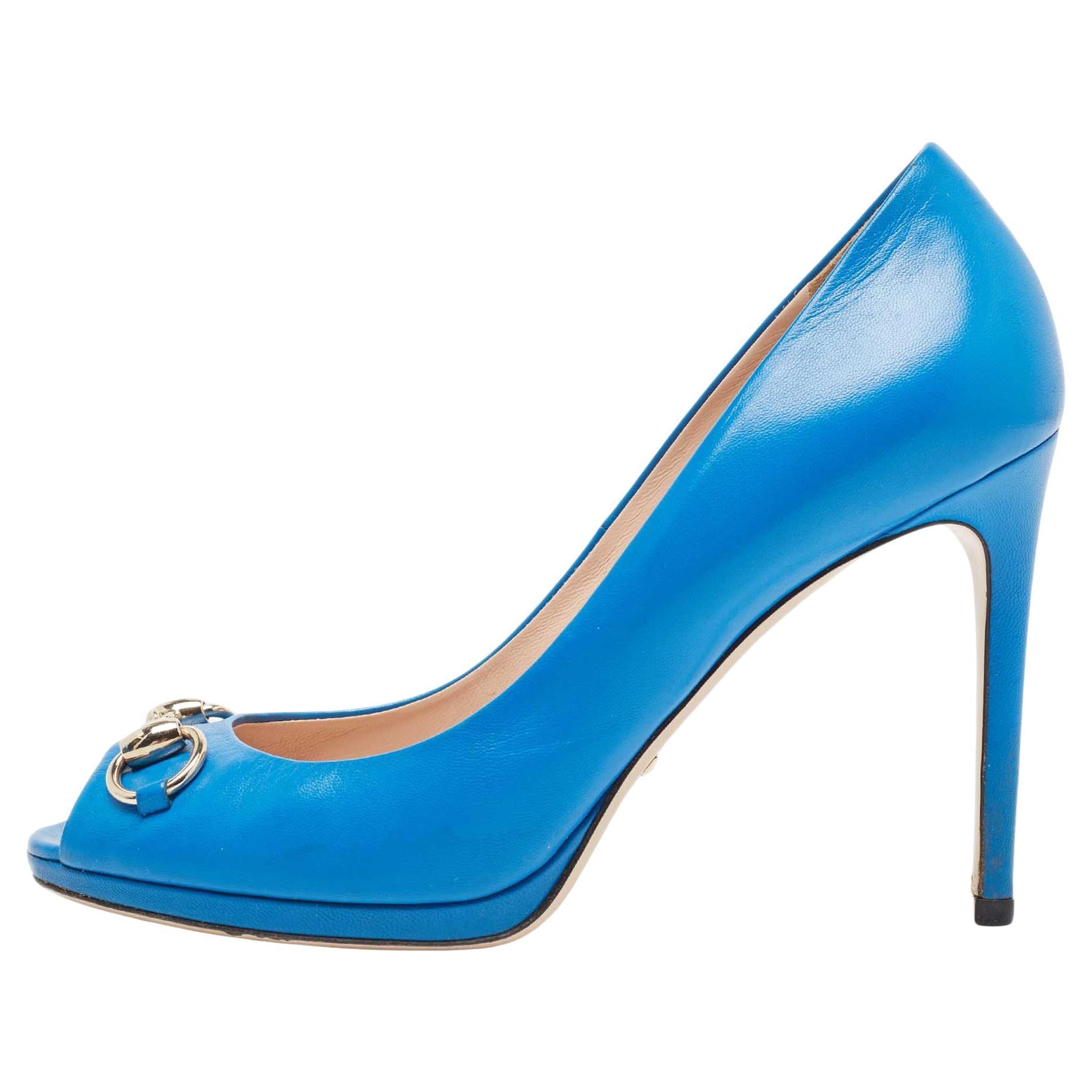 Gucci Blue Leather New Hollywood Platform Pumps Size 38.5 For Sale