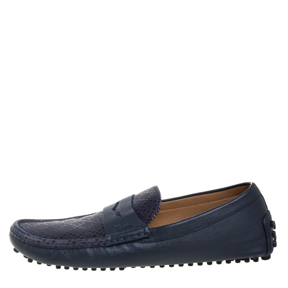 Gucci Blue Leather Penny Slip On Loafers Size 42.5 In Good Condition In Dubai, Al Qouz 2