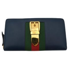 Gucci Blue Leather Signature Web Sylvie Continental Zip Wallet
