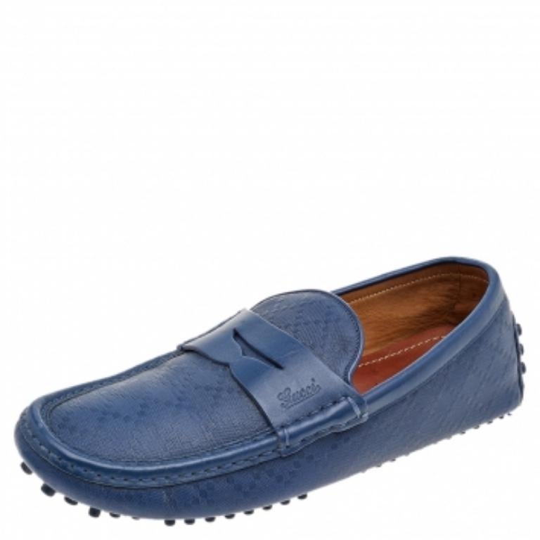 Men's Gucci Blue Leather Slip On Loafers Size 40.5