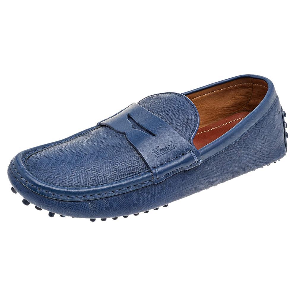 Gucci Blue Leather Slip On Loafers Size 40.5 For Sale