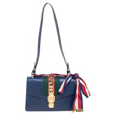 Gucci Blue Leather Small Web Chain Sylvie Shoulder Bag