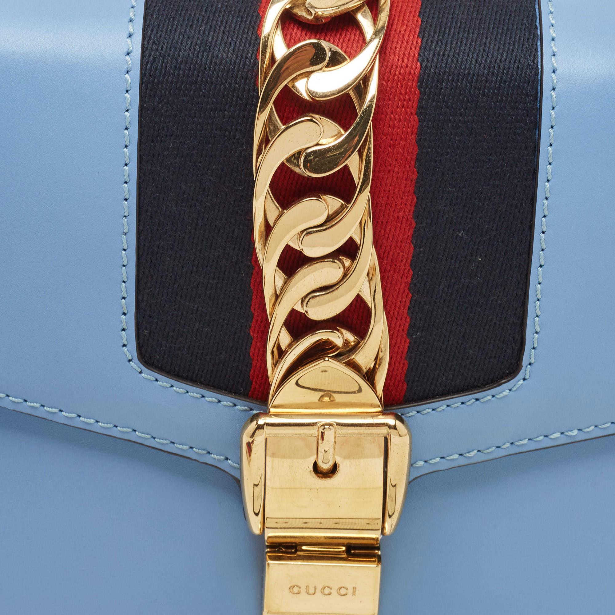 Gucci Blue Leather Small Web Sylvie Shoulder Bag For Sale 8