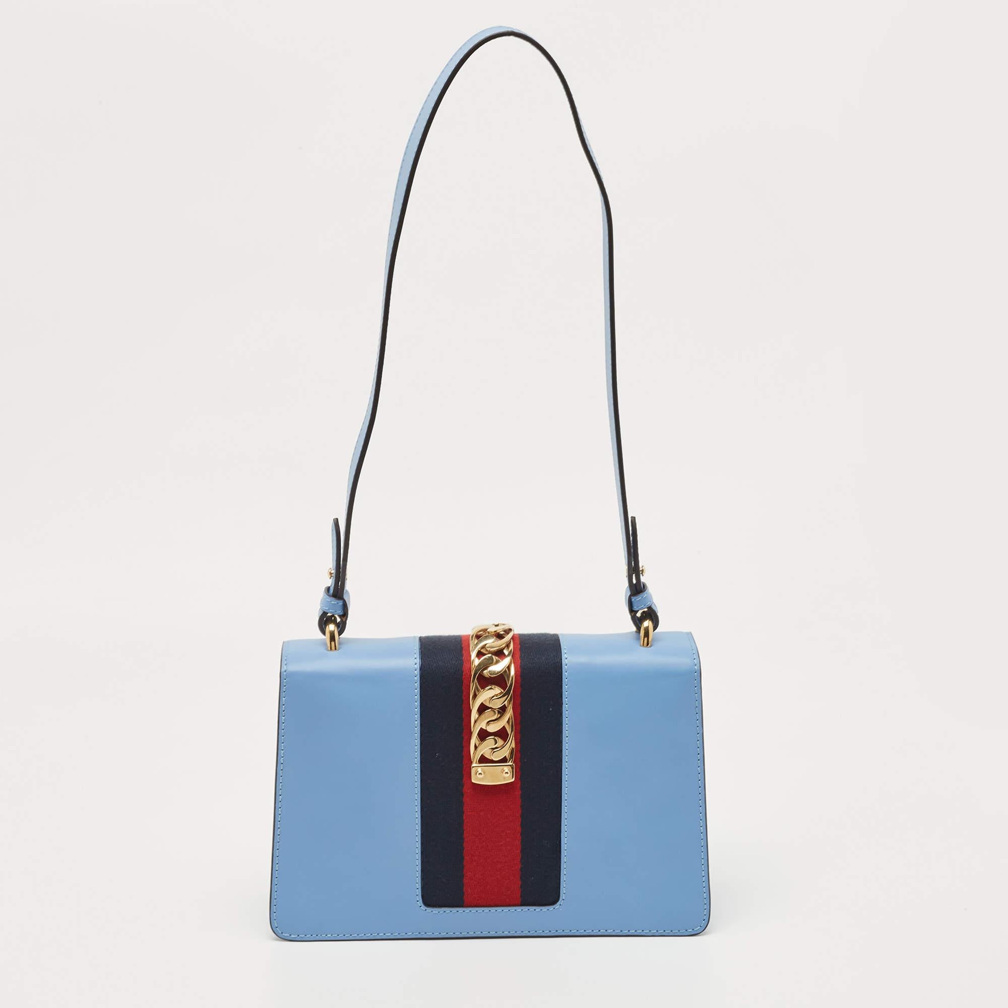Gucci Blue Leather Small Web Sylvie Shoulder Bag For Sale 9