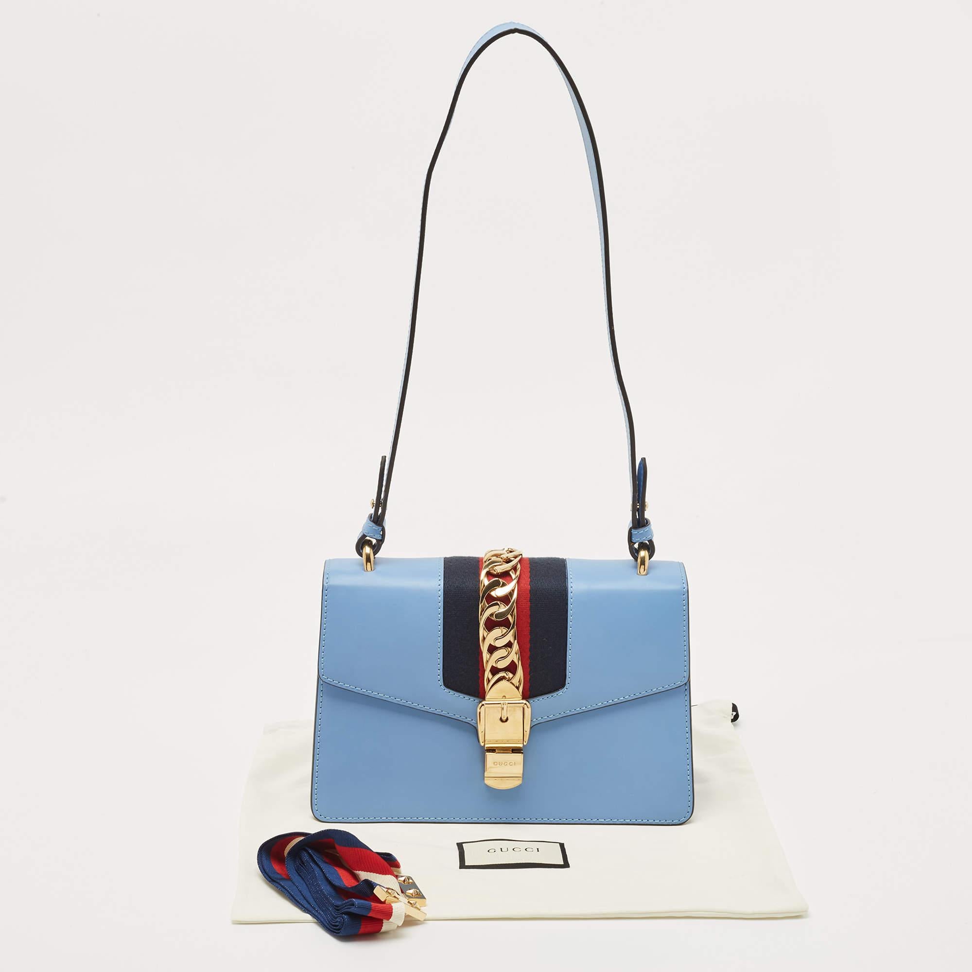 Gucci Blue Leather Small Web Sylvie Shoulder Bag For Sale 12