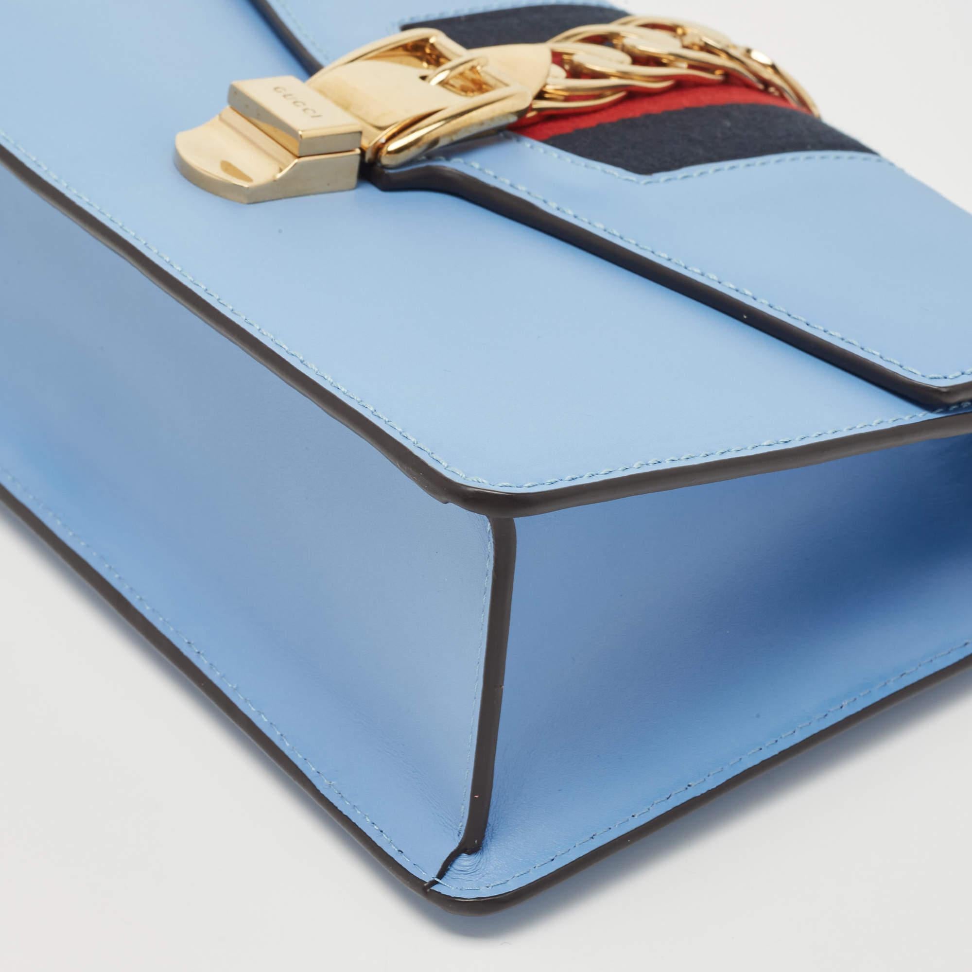 Women's Gucci Blue Leather Small Web Sylvie Shoulder Bag For Sale