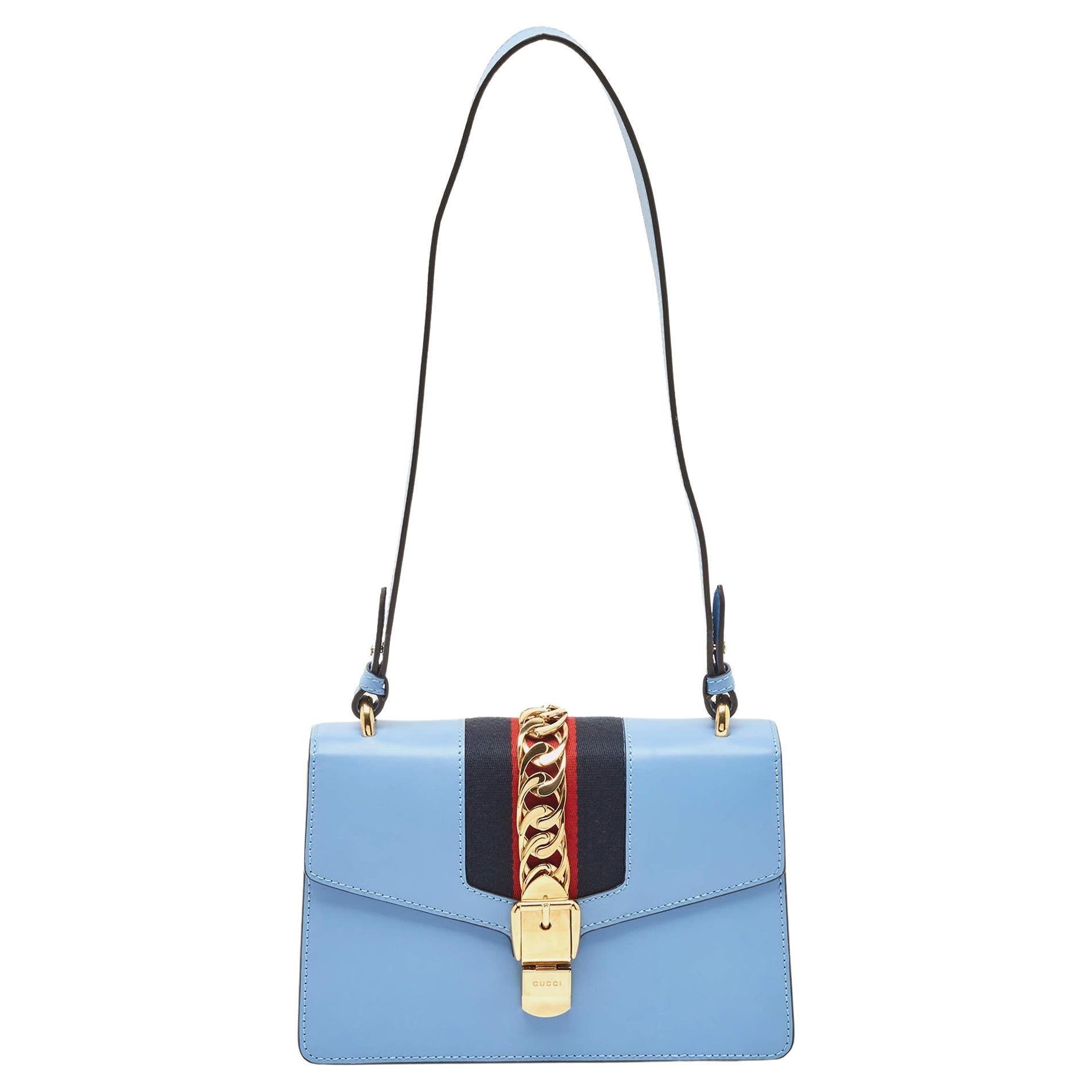 Gucci Blue Leather Small Web Sylvie Shoulder Bag For Sale