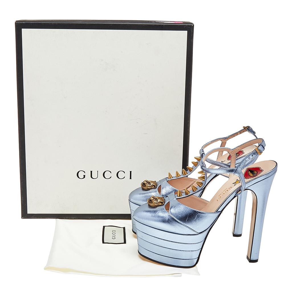 Women's Gucci Blue Leather Spike-Embellished Platform Sandals Size 37.5