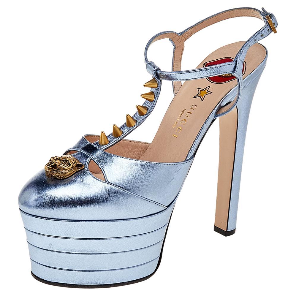 Gucci Blue Leather Spike-Embellished Platform Sandals Size 37.5