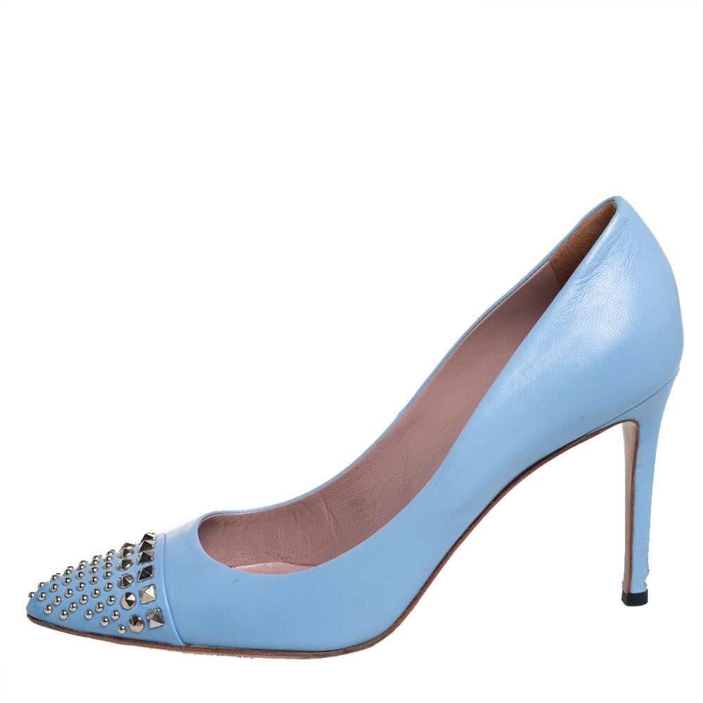 Women's Gucci Blue Leather Studded Pointed Toe Pumps Size 38.5