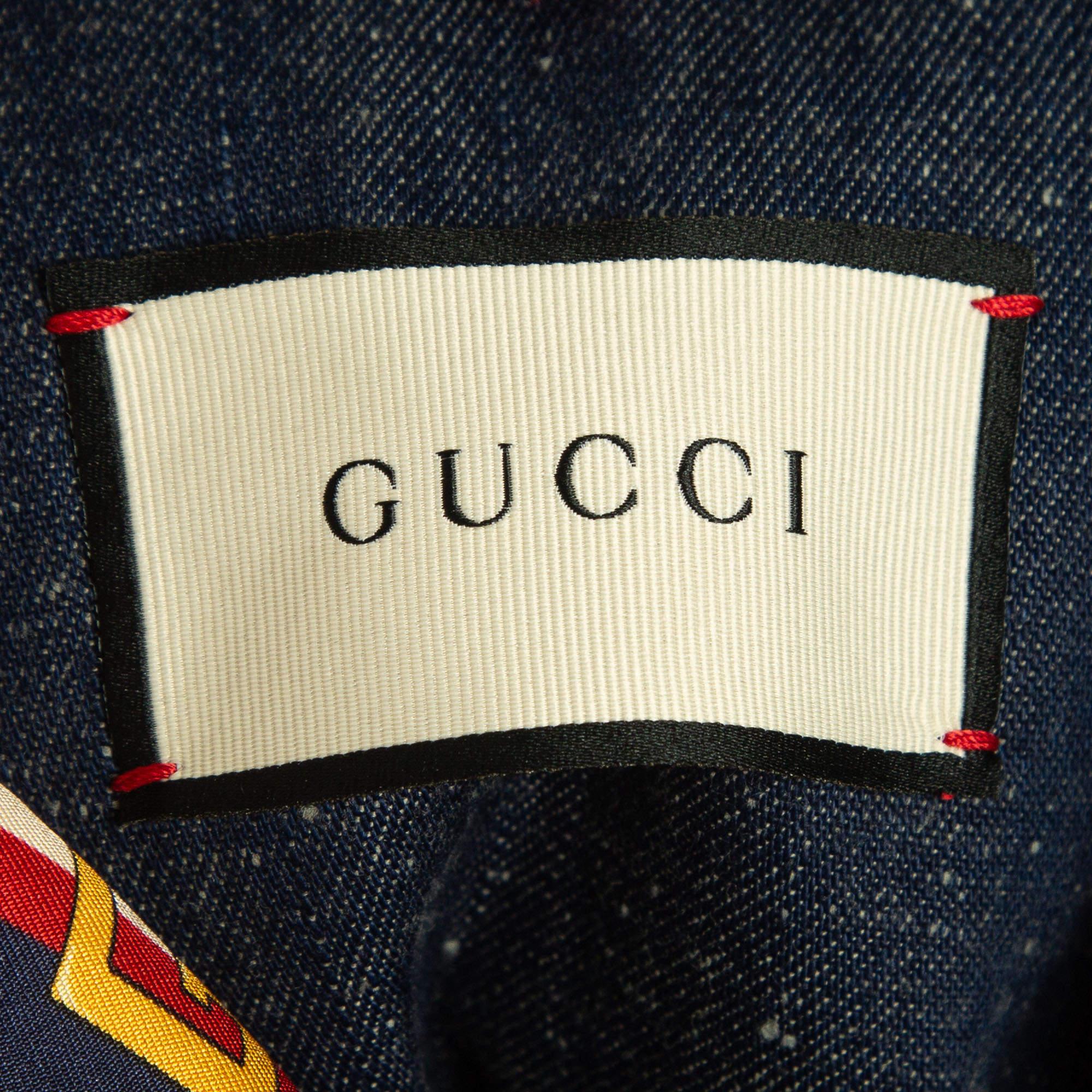Blauer einreihiger Blazer aus Denim mit Lederbesatz von Gucci mit Lederbesatz, M im Zustand „Hervorragend“ im Angebot in Dubai, Al Qouz 2