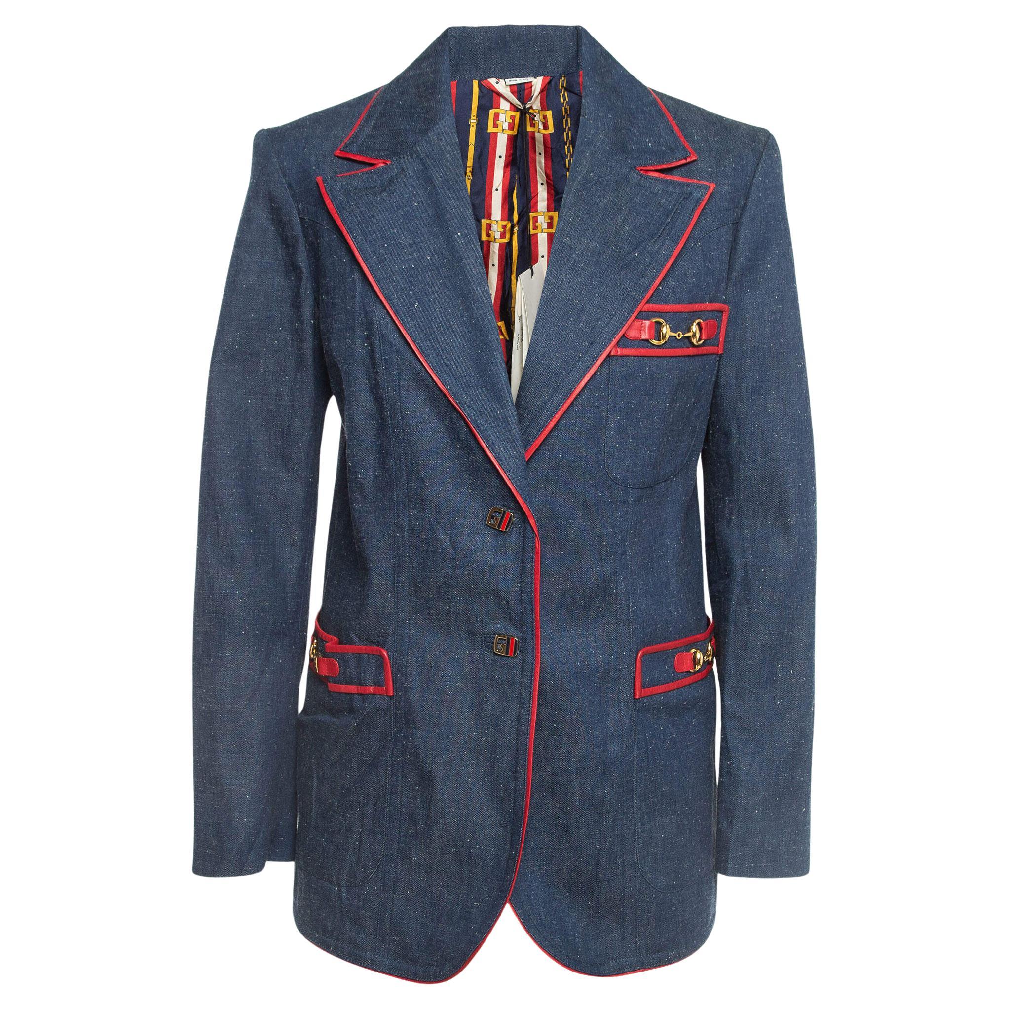 Gucci Blue Leather Trimmed Denim Single Breasted Blazer M For Sale