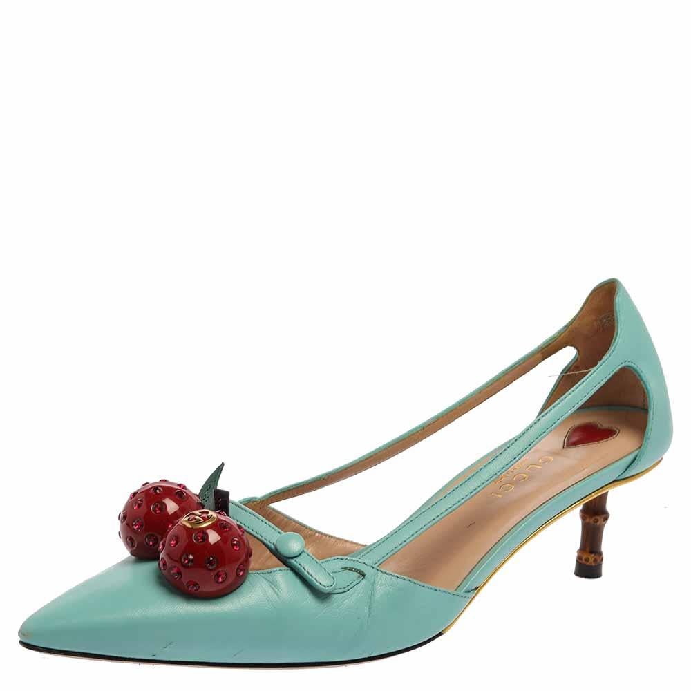 These pointed-toe pumps from Gucci have come straight from a shoe lover's dream. Crafted from blue leather, detailed with cherry motifs and balanced on 4.5 cm bamboo heels, the pumps are lovely and gorgeous!

