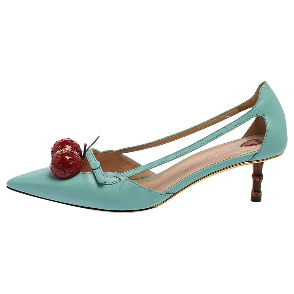 Gucci Blue Leather Unia Cherry Bamboo Heel Pointed Toe Pump Size 37.5