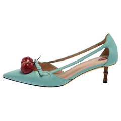 Gucci Blue Leather Unia Cherry Bamboo Heel Pointed Toe Pump Size 37.5