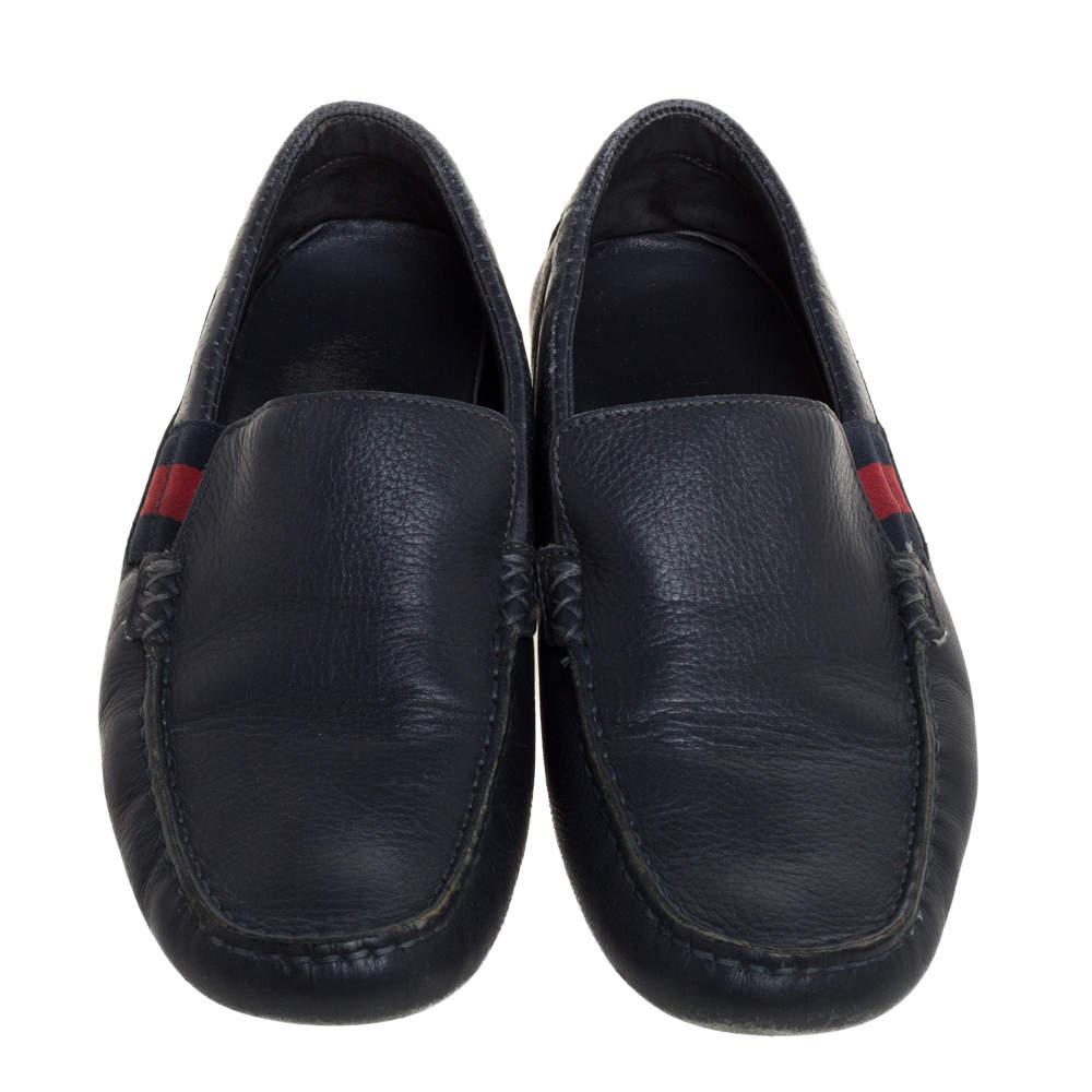 Black Gucci Blue Leather Web Detail Loafers Size 41.5