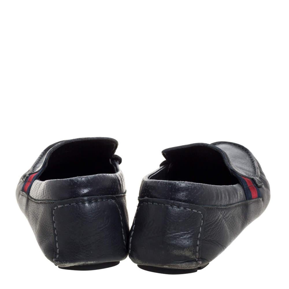 Men's Gucci Blue Leather Web Detail Loafers Size 41.5