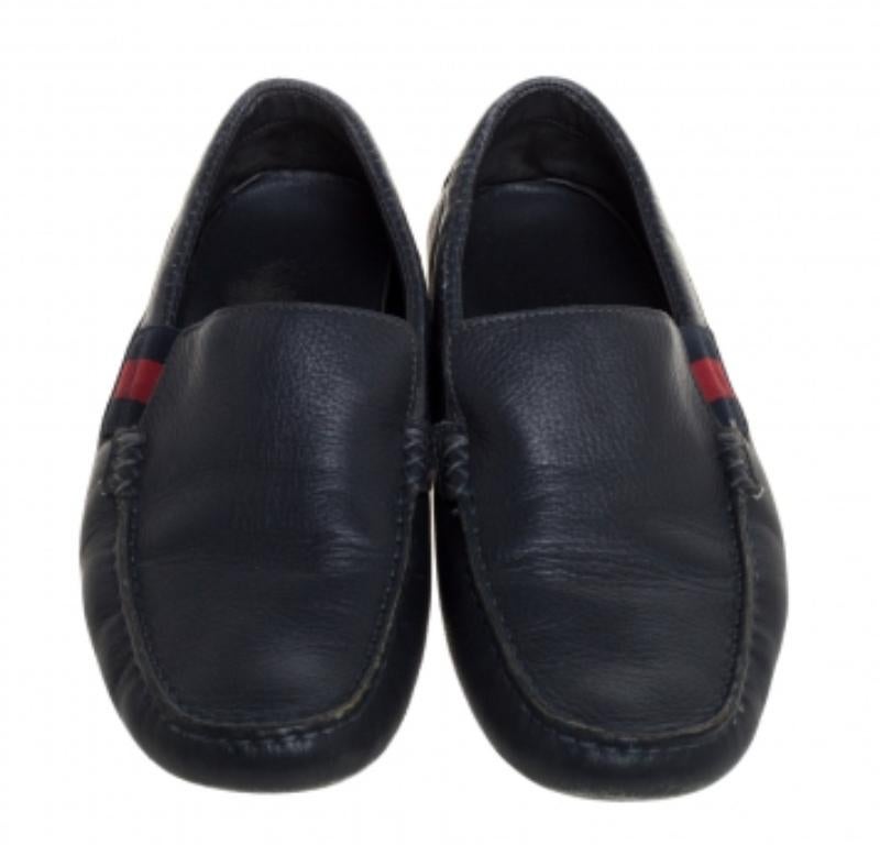 Gucci Blue Leather Web Detail Loafers Size 41.5 For Sale 1