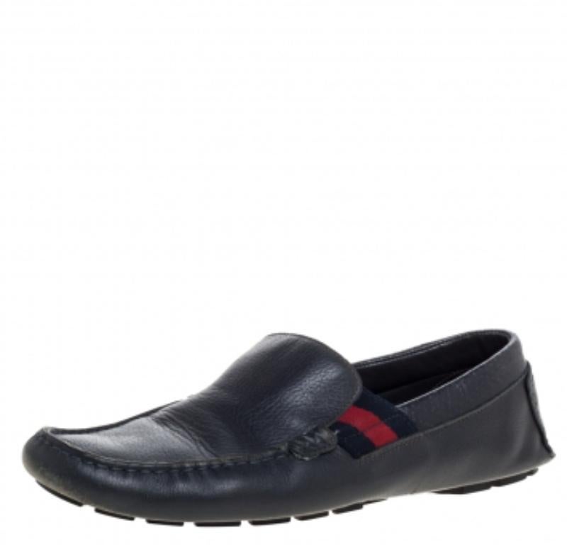 Gucci Blue Leather Web Detail Loafers Size 41.5 For Sale 3
