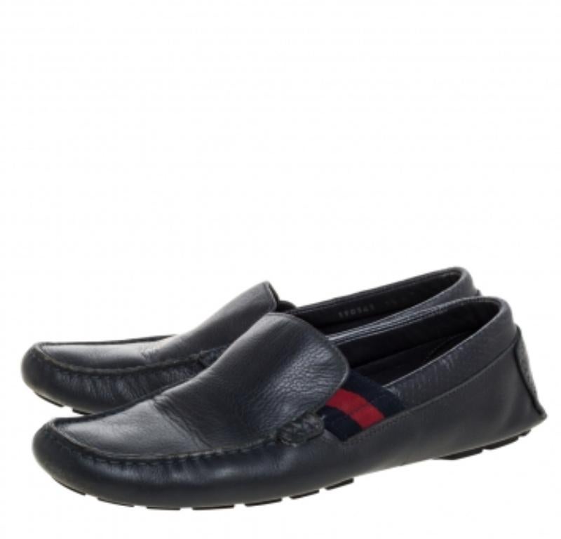 Gucci Blue Leather Web Detail Loafers Size 41.5 For Sale 4