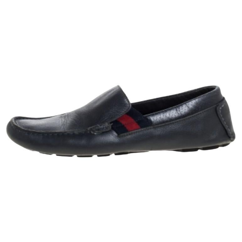 Gucci Blue Leather Web Detail Loafers Size 41.5 For Sale