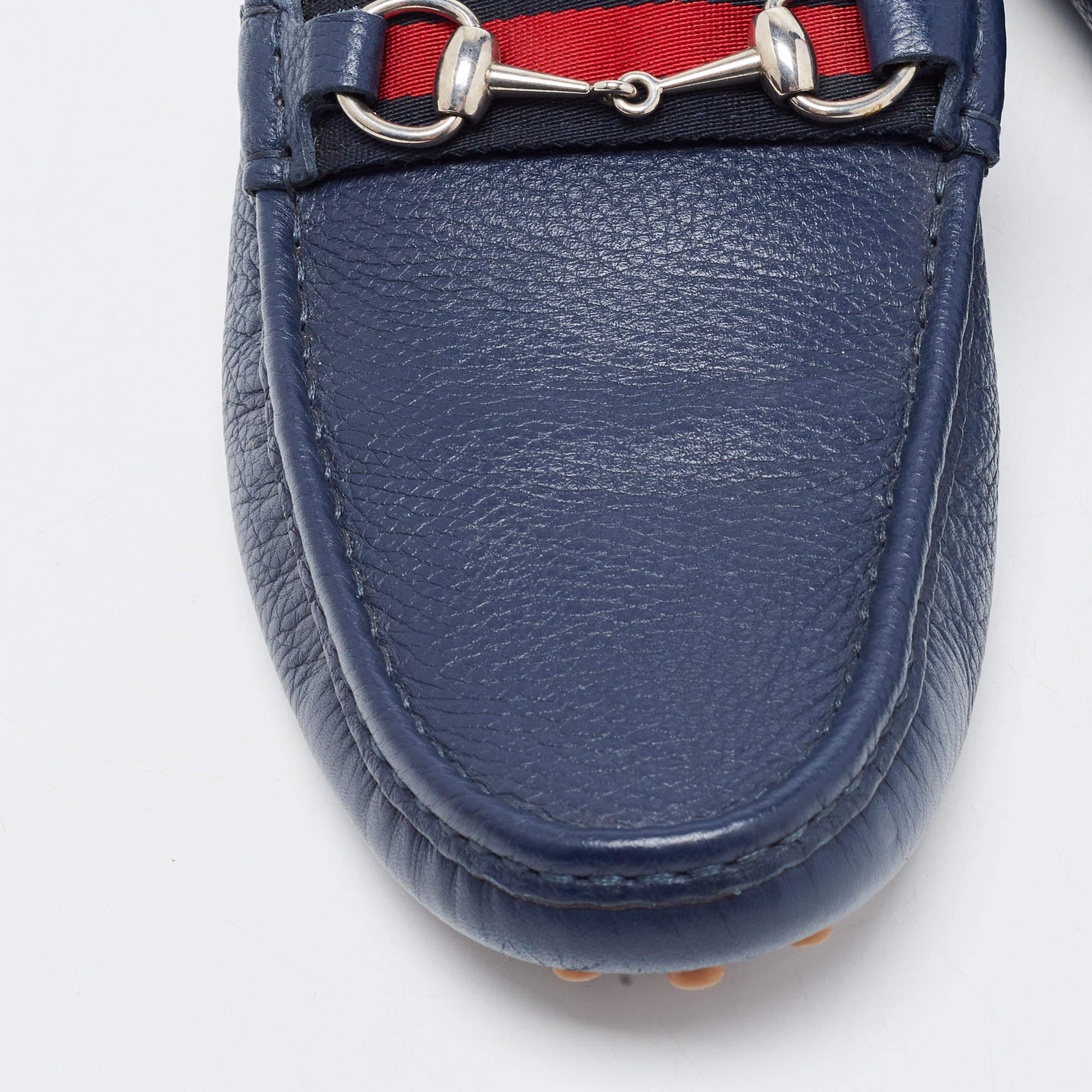 Men's Gucci Blue Leather Web Horsebit Detail Slip On Loafers Size 44