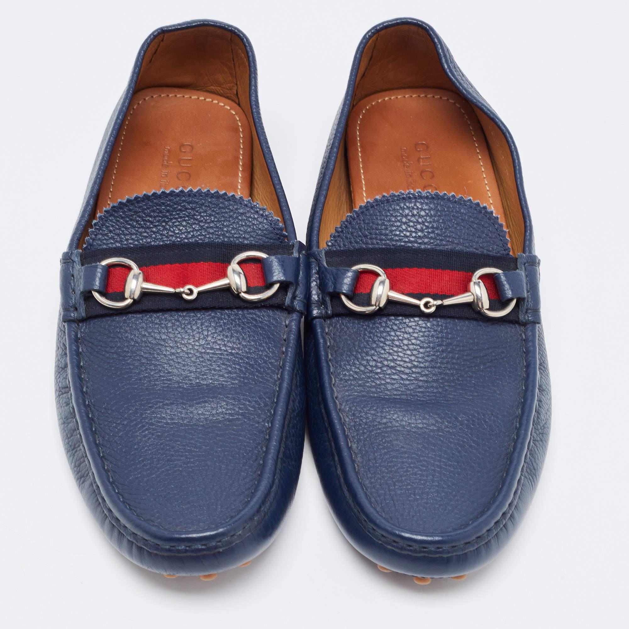 Gucci Blue Leather Web Horsebit Detail Slip On Loafers Size 44 2