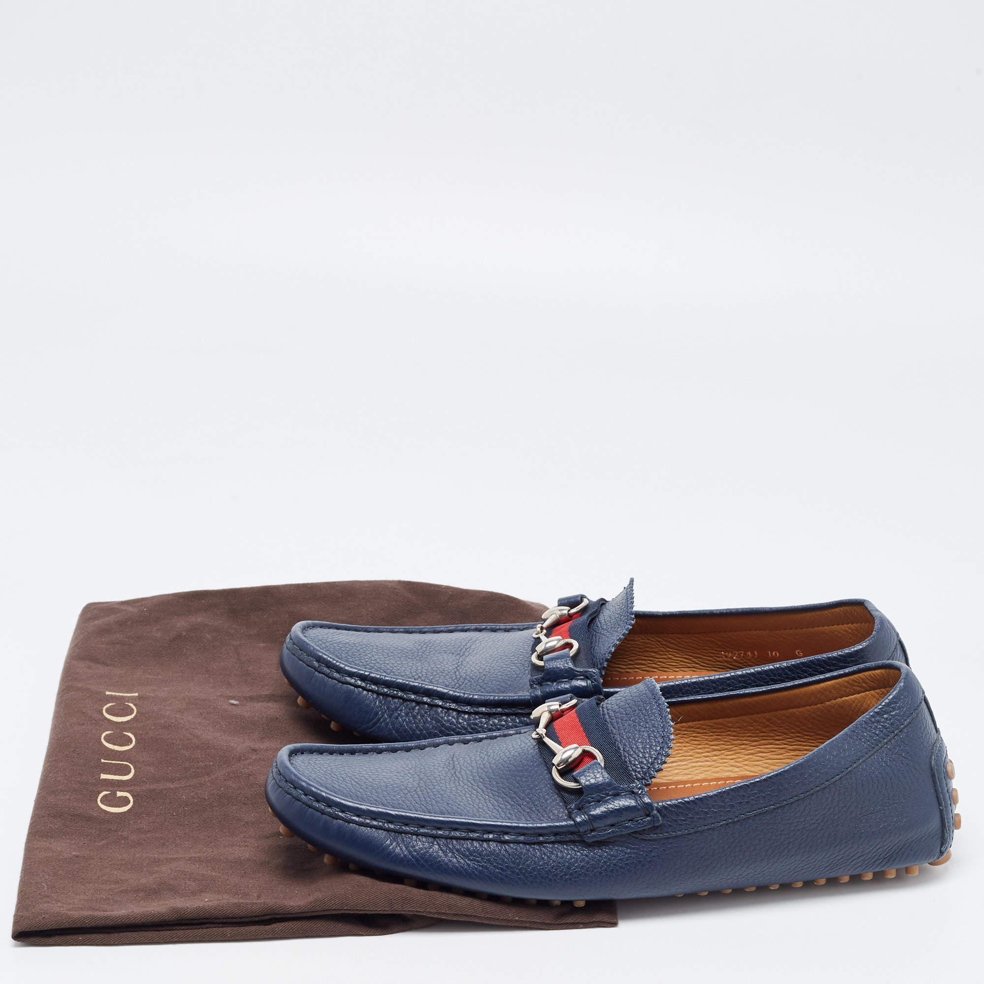 Gucci Blue Leather Web Horsebit Detail Slip On Loafers Size 44 4