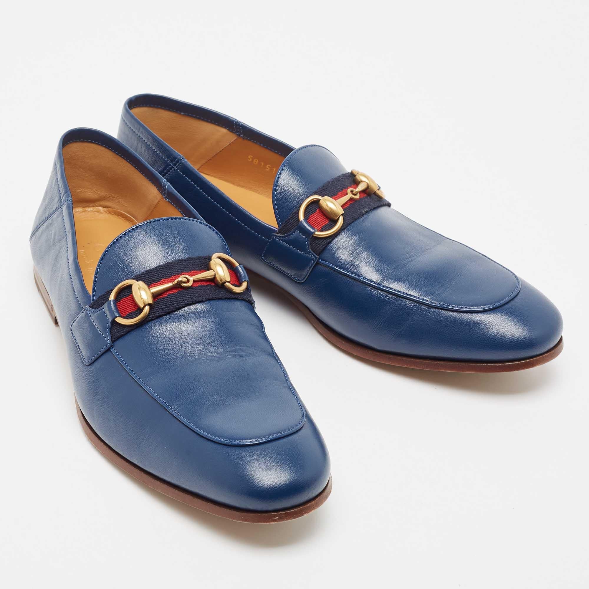Gucci Blue Leather Web Horsebit Loafers Size 40 In Good Condition In Dubai, Al Qouz 2