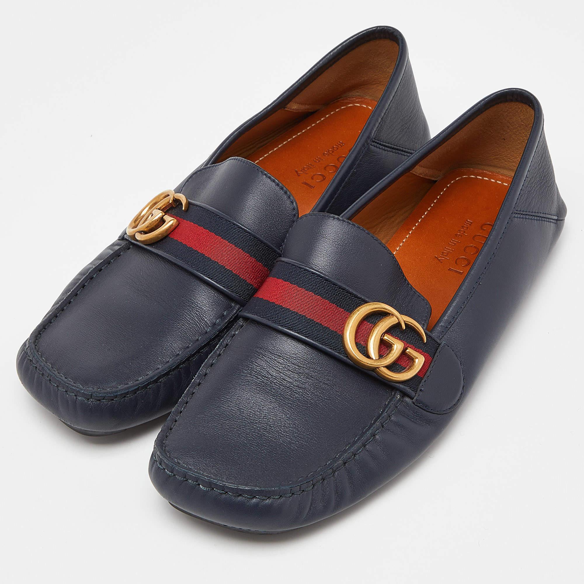 Gucci Blue Leather Web Horsebit Loafers Size 41 4
