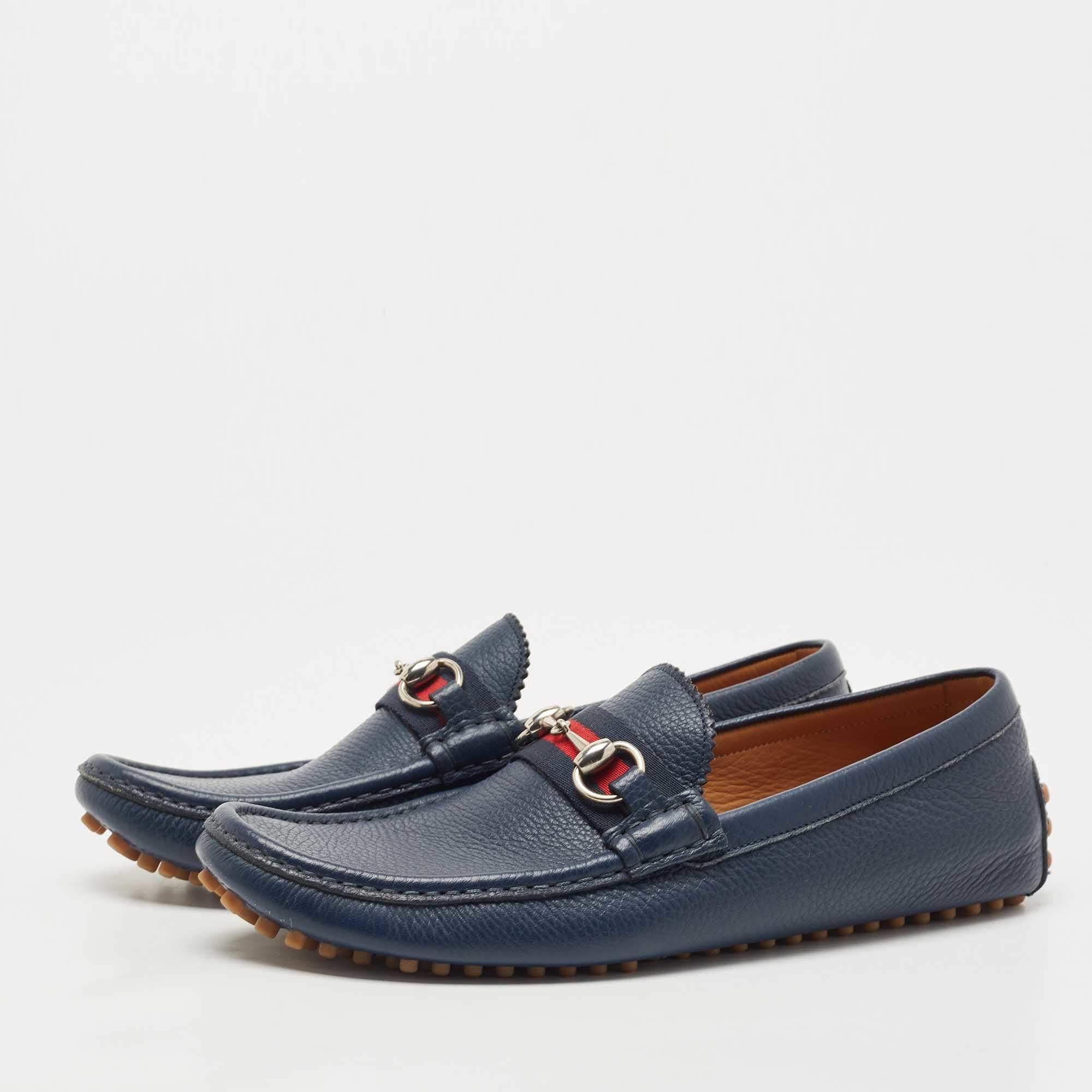 Gucci Blue Leather Web Horsebit Loafers Size 42.5 In Good Condition In Dubai, Al Qouz 2
