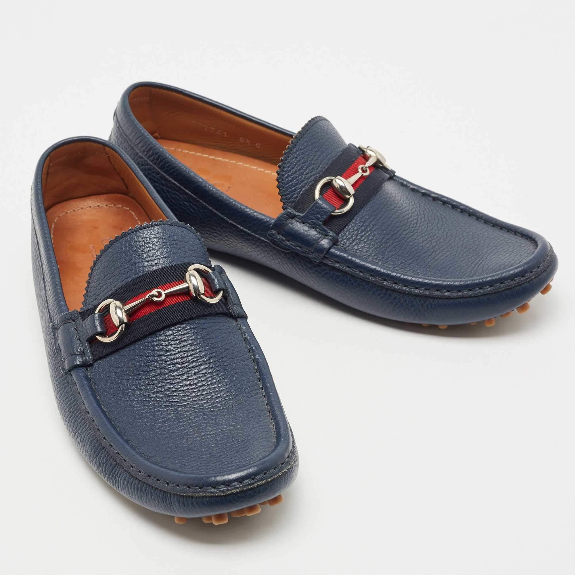 Men's Gucci Blue Leather Web Horsebit Loafers Size 42.5