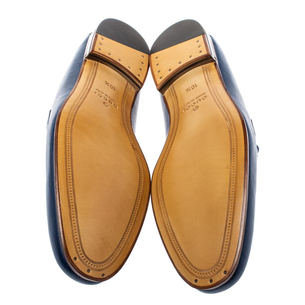 Gucci Blue Leather Web Horsebit Slip On Moccasins Size 44.5 In New Condition In Dubai, Al Qouz 2